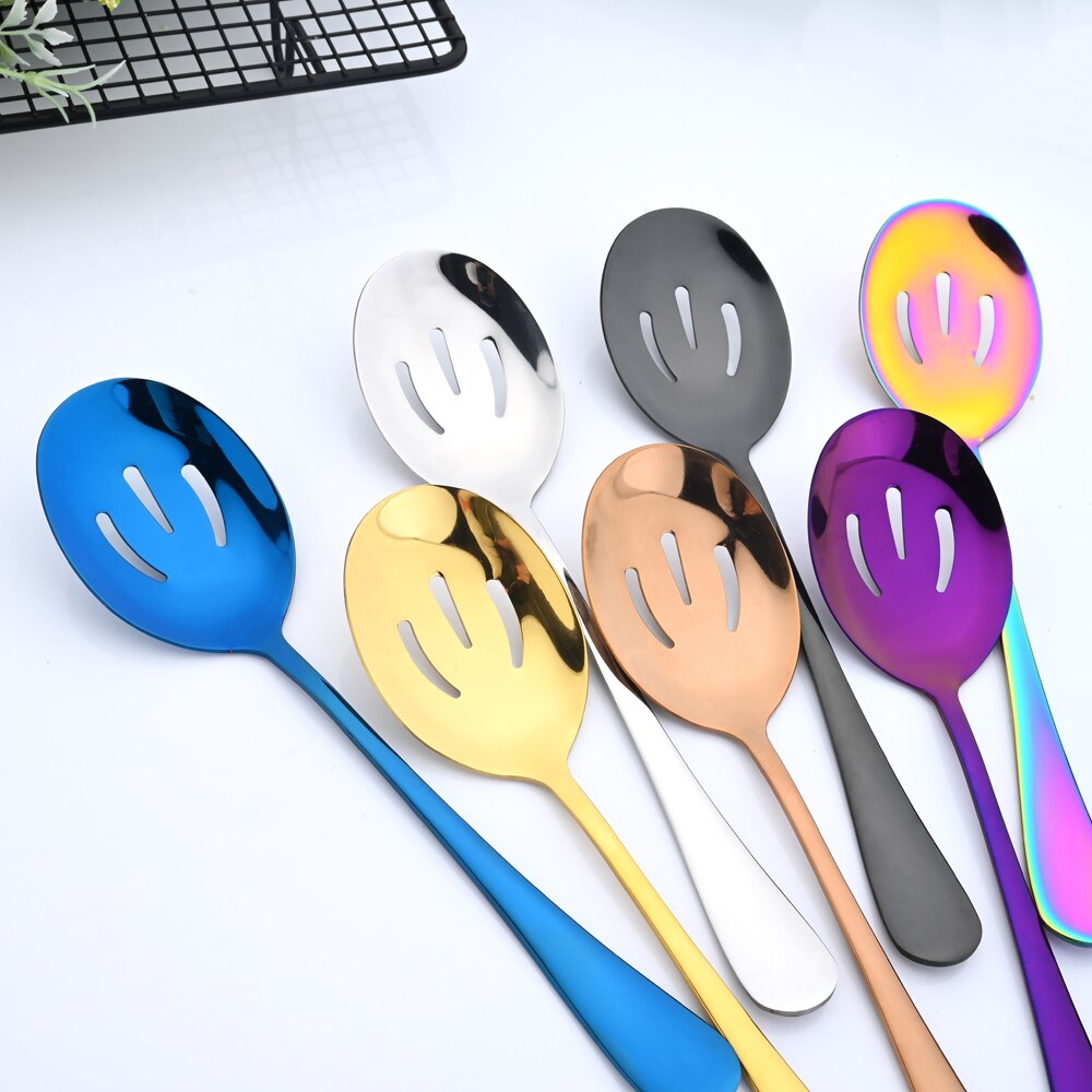 Stainless Steel Serving Spoon Western Restaurant Public Rainbow Cutlery Soup Ladle Colander Fork Shovel Distributing Spoons