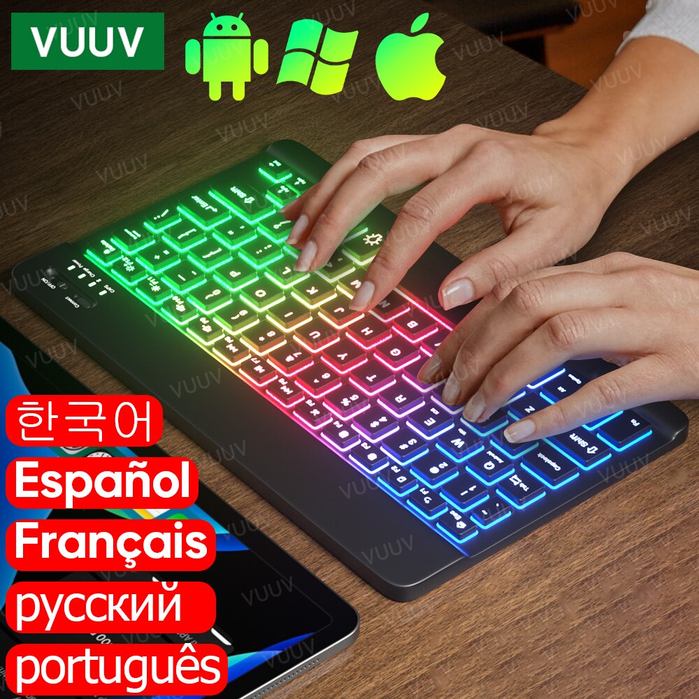 Teclado retroiluminado de arco iris para tableta, teléfono, portátil, español, ruso, portugués, inalámbrico, Bluetooth, para Xiaomi, Samsung