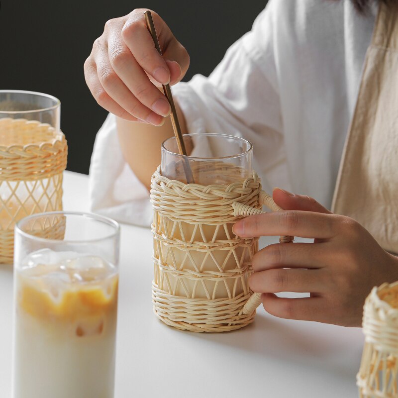 råtnende glass kopp beskyttende etui håndtak japansk stil håndlagde hjem glass kopper naturlig kurvvev vann kopp kjøkken forsyninger