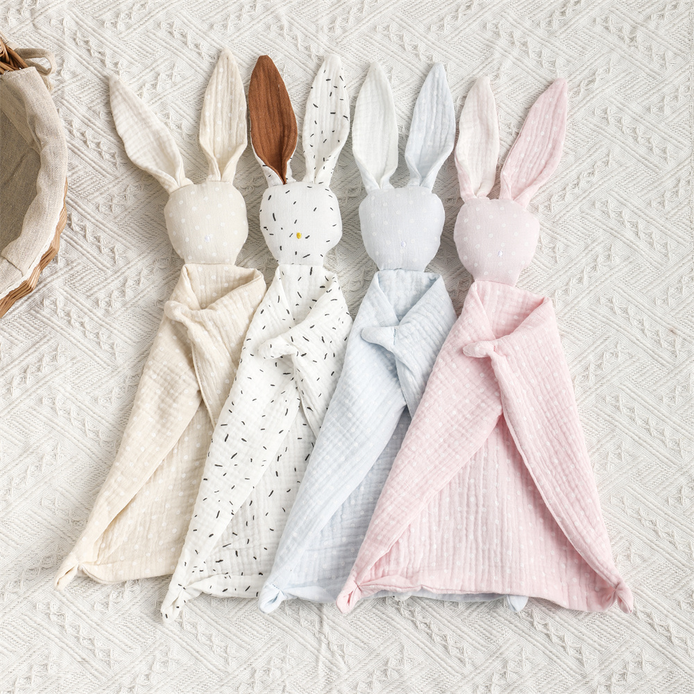 Manta de seguridad de conejito para bebé, niño y niña, muselina de algodón suave y transpirable, juguete de peluche de lunares para recién nacidos
