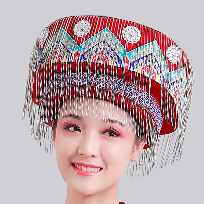 Hmong Miao Dance Hat For Women Traditional Clothing Hats With Tassel Accessories Festival Performance Headwear Vintage Headdress