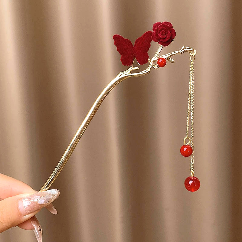 Röd ros tofs hårspinnar kvinnor antik pärla hårnål kvinnlig hårgaffel panna hår ätpinnar huvudbonad alla hjärtans dag: Himmelsblå