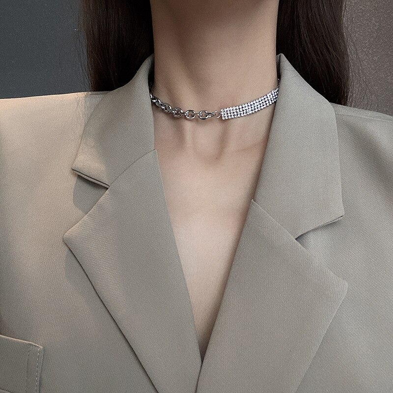 Aomu titânio aço grosso corrente brilha strass metal prata cor colar clavícula corrente coreia gargantilha colar para mulher