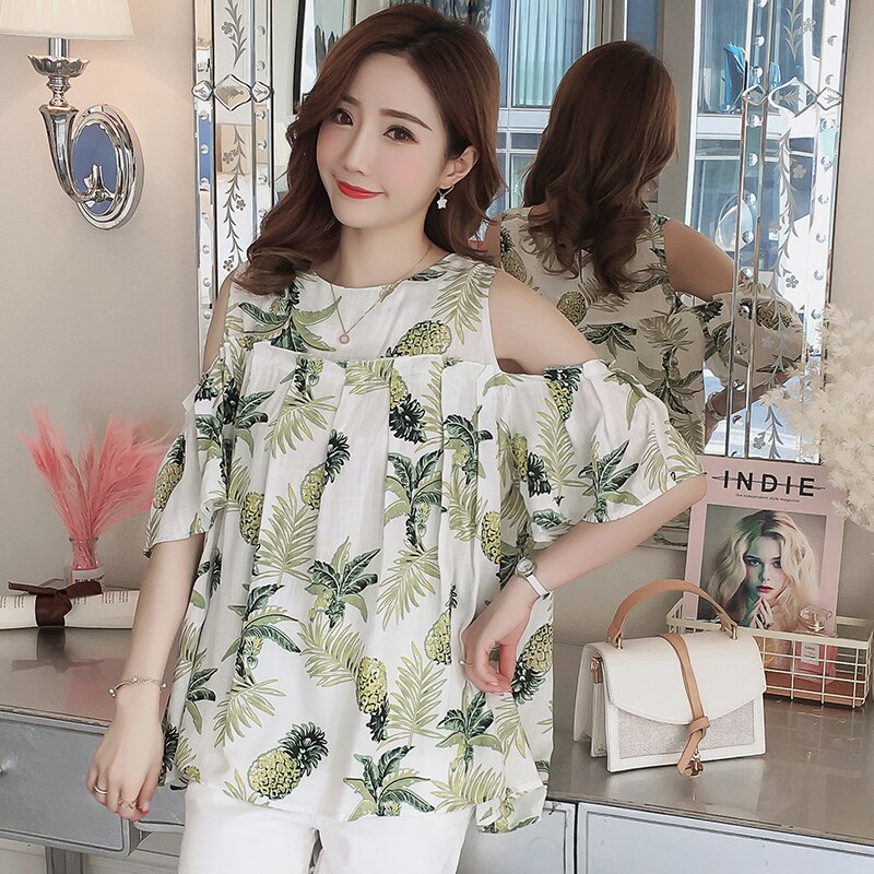 Off-the-shoulder bomullslinne kortärmade shorts gravida kvinnor blommiga skjortor plus size axellösa blusar söta
