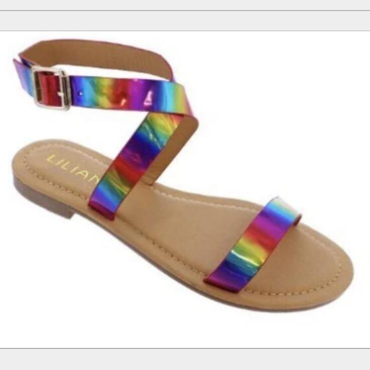 Bunte PU Leder Flache mit Frauen Sommer sandalen mit Schnalle Weiblichen Strand Offene spitze Rom schuhe: 9.5