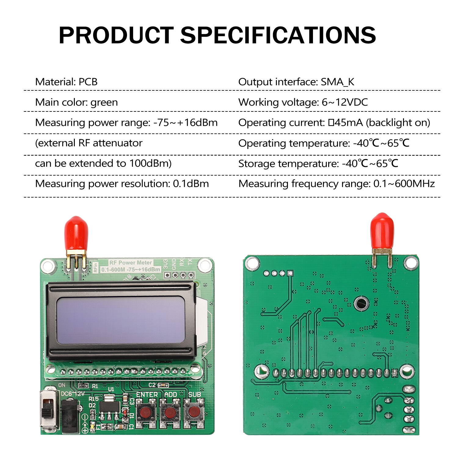 LCD Backlight Digital Display RF Power Meter Module -75~+16dBm 0.1-600MHz Radio Frequency Attenuation Value RF Power Meter