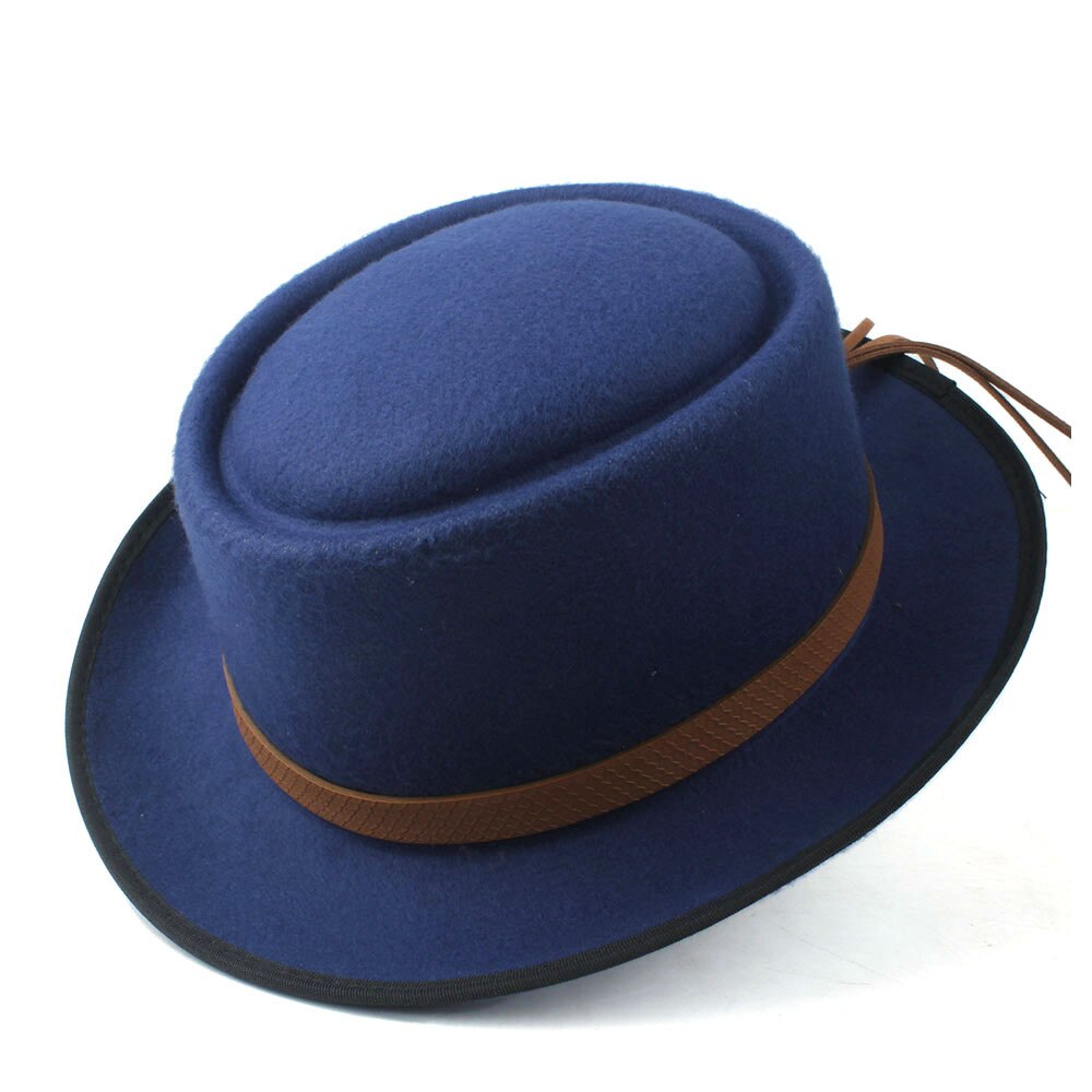Sombrero de tarta de cerdo para mujer, sombrero Fedora de iglesia para hombre, sombrero plano de lana, Trilby, sombrero fascinador, tamaño 58CM,: Blue