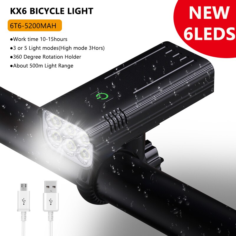 Trlife tehokas 6 t 6 polkupyörän valo usb ladattava 5000 lumenia kirkkain pyörän valo mtb taskulamppu etulamppu virtapankina: 6 t 6 15 tuntia