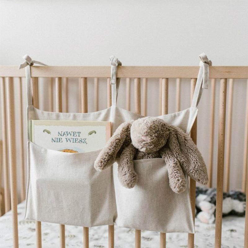Baby bett lagerung hängenden beutel leinen doppel fach lagerung hängenden beutel multifunktionale windel tasche handtuch molaren spielzeug lagerung tasche