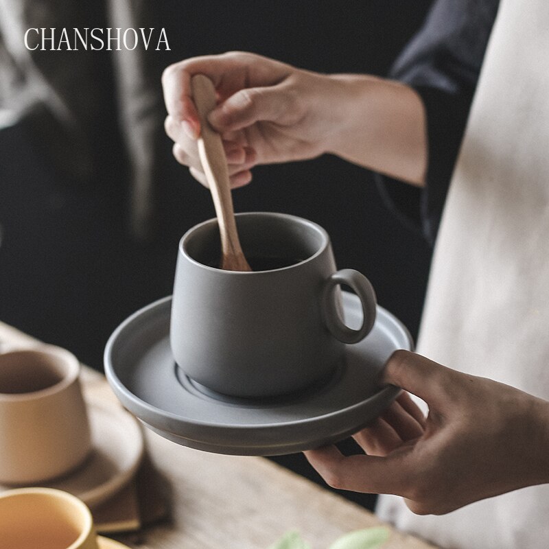 Chanshova enkelhet enfärgad keramisk kaffemugg och fat 210ml tekoppsset mjölkmugg dricksredskap porslin porslin  g082