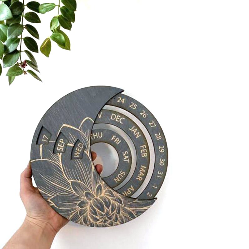 Wooden Calendar Round Perpetual Calendar Study Desk Calendar Handicraft Decoration Wooden Crafts Christmas Home Decor Xmas: Gray