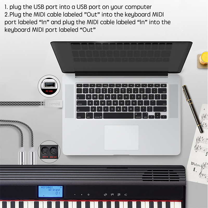 Convertisseur de câble MIDI vers USB, Interface MIDI professionnelle avec voyant lumineux, puce de traitement FTP, coque en métal