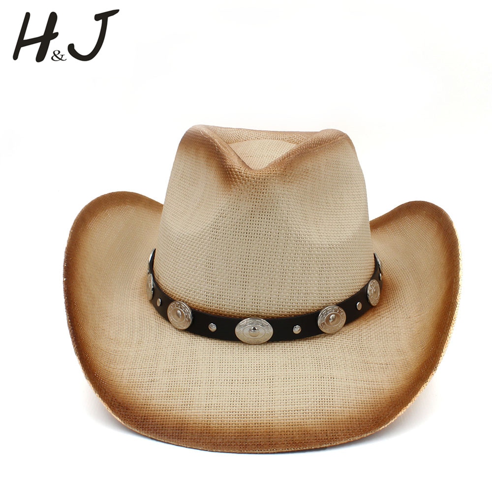 Sombrero vaquero de paja con banda de cuero de para Hombre y mujer, Sombrero occidental, gorros de vaquera, talla 58CM