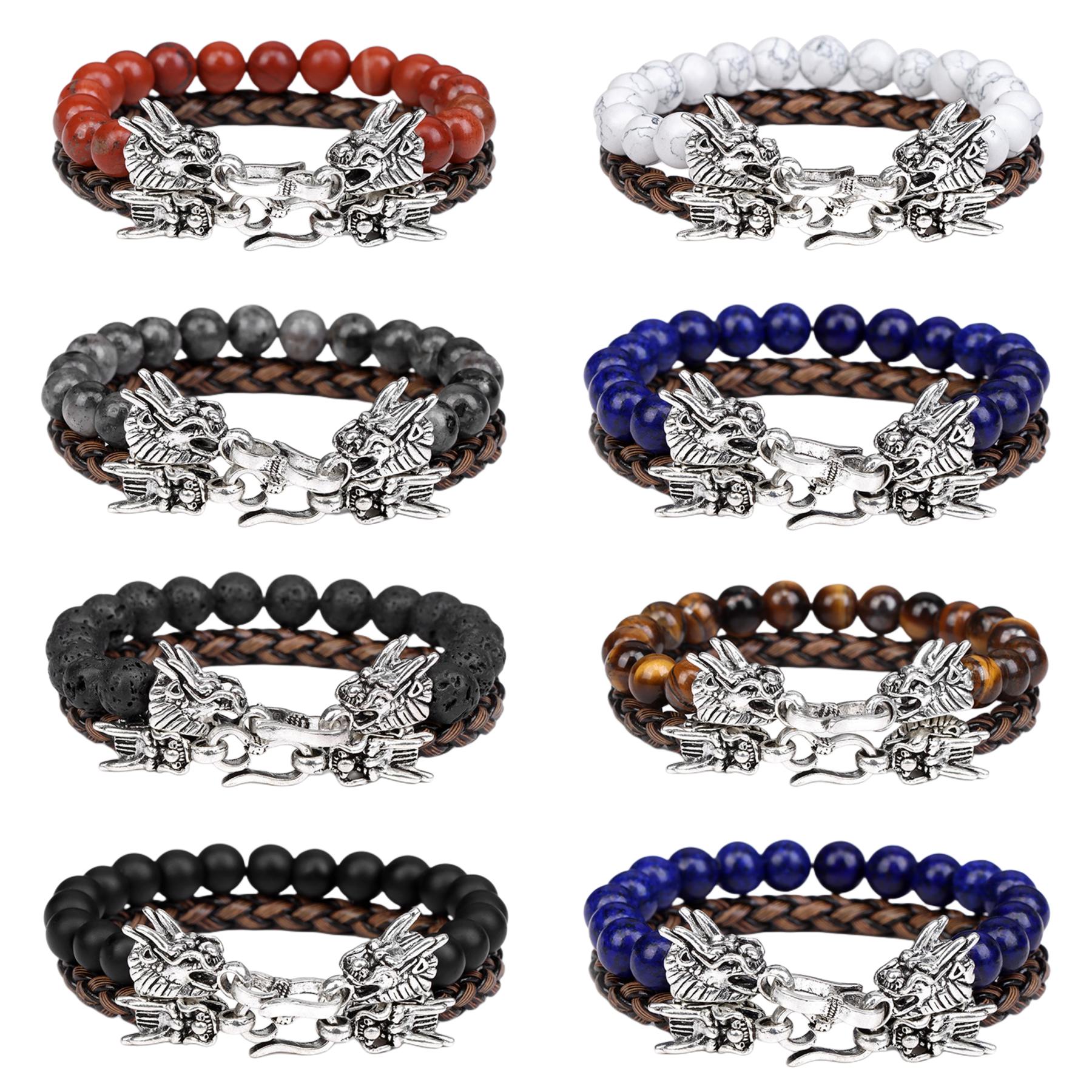 Heren Paar Lederen Edelsteen Kralen Armbanden Dragon Clasp Angst Stress Verlichting Healing Chakra 8Mm Ronde Kralen Set Sieraden