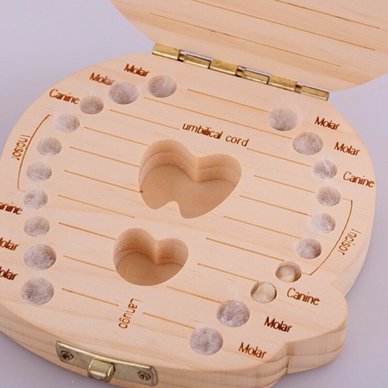 Caja de madera para guardar dientes de leche de bebé, organizador de Lanugo, Umbilical, para recuerdos, inglés, español, francés, ruso, portugués