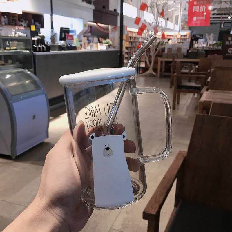 High borosilicate glass Glass Cup Bear Pattern Transparent Glass Bottle Drinking tea cup with Straw with Lid Cute Large Capacity: with cover straw5