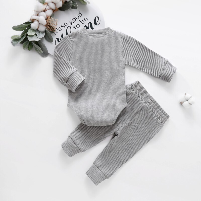 Casual 0-24M Newborn Baby Clothes 2Pcs Cotton Comfortable Solid Infant Boys and Girls Suit Long Sleeve Romper+ Pants