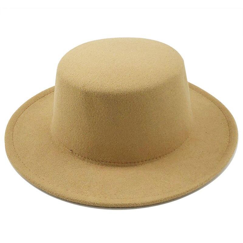 Enkle kvinder uldfilt hatte hvid brede kant fedoras til bryllupsfest kirke hatte svinekød fedora hat floppy derby triby hatte: Khaki