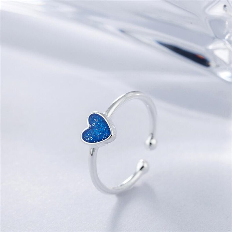 Coeur bleu exquis 925 argent Sterling doux tempérament personnalité femelle redimensionnable ouverture anneaux SRI176