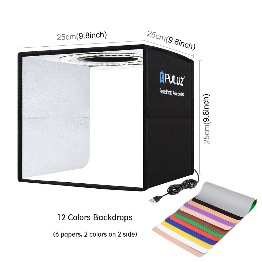 PULUZ Version Lightbox 25/ 40cm Photography Light Box Adjustable Lamp Temperature Photo Shoot Tent Kits &amp;12 Colors Backdrops: 25x25x25cm