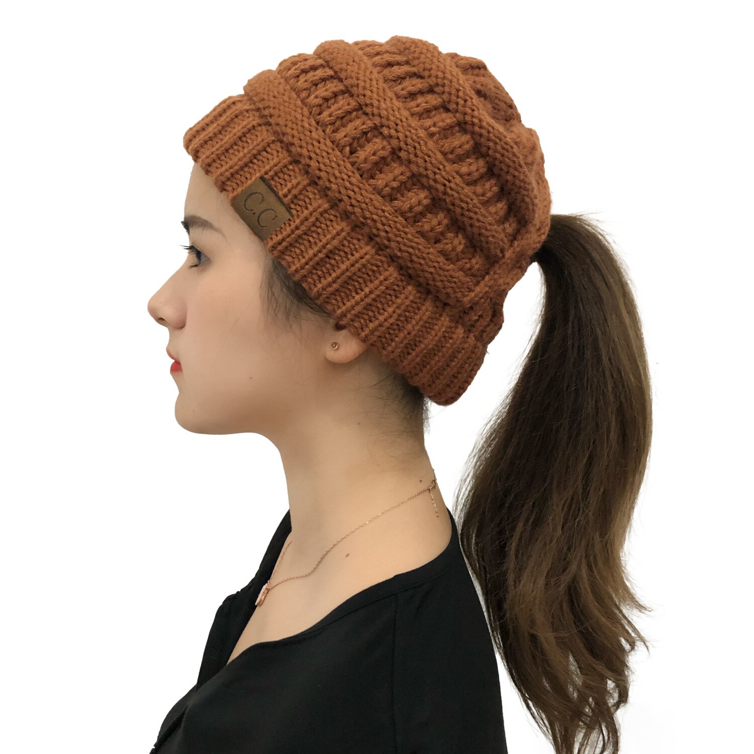 Winter Hats For Women Pompom CC Beanie Horsetail Caps Cross Criss Ponytail Hat Girls Warm Knitted Thick Outdoor Ski Cap: caramel