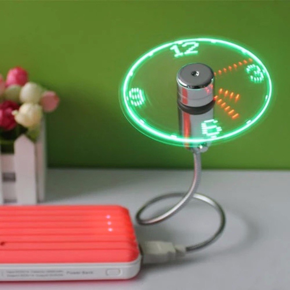 USB Mini Flexible Time LED Clock Fan with LED Light Cool Gadget Keep Cool Time Display Light