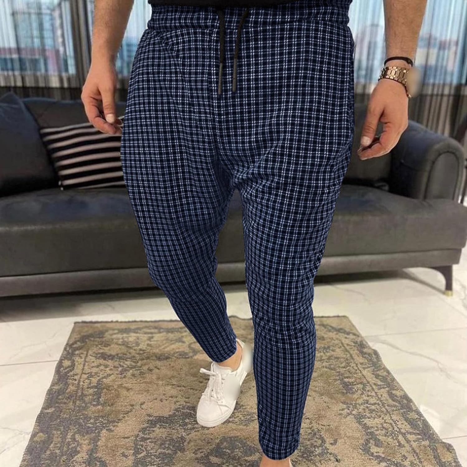 Pantalones jogger a cuadros ajustados para hombre, elegantes y acogedores, con cómodos cintura elástica y cordón para un ajuste perfecto, comple