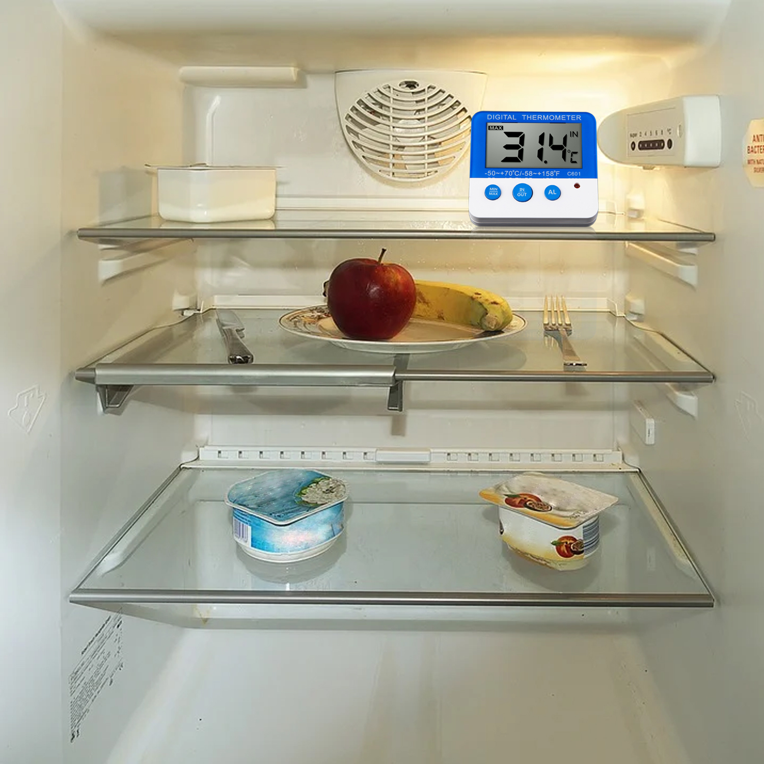 Digitales Kühlschrankthermometer mit Alarm und maximaler Min. Temperatur. Leicht ablesbares LCD-Display. Digitales Kühlschrank-Gefrierschrank-Thermometer