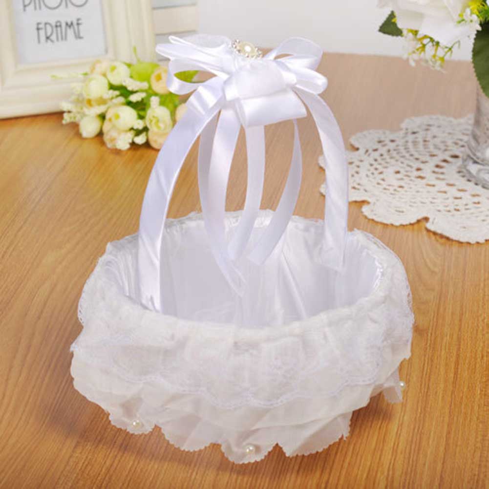Hochzeit Blumenmädchen Korb | Weiß Mit Spitze | 22x15cm | Romantische Dekoration