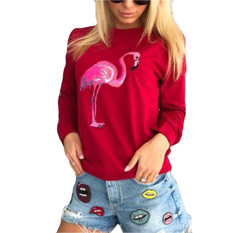 Frauen Flamingo Gedruckt Langarm Sweatshirt Hoodies Tops Bluse Frauen Outdoor-Sport Hoodies Lauf Hoodie: S / Rot