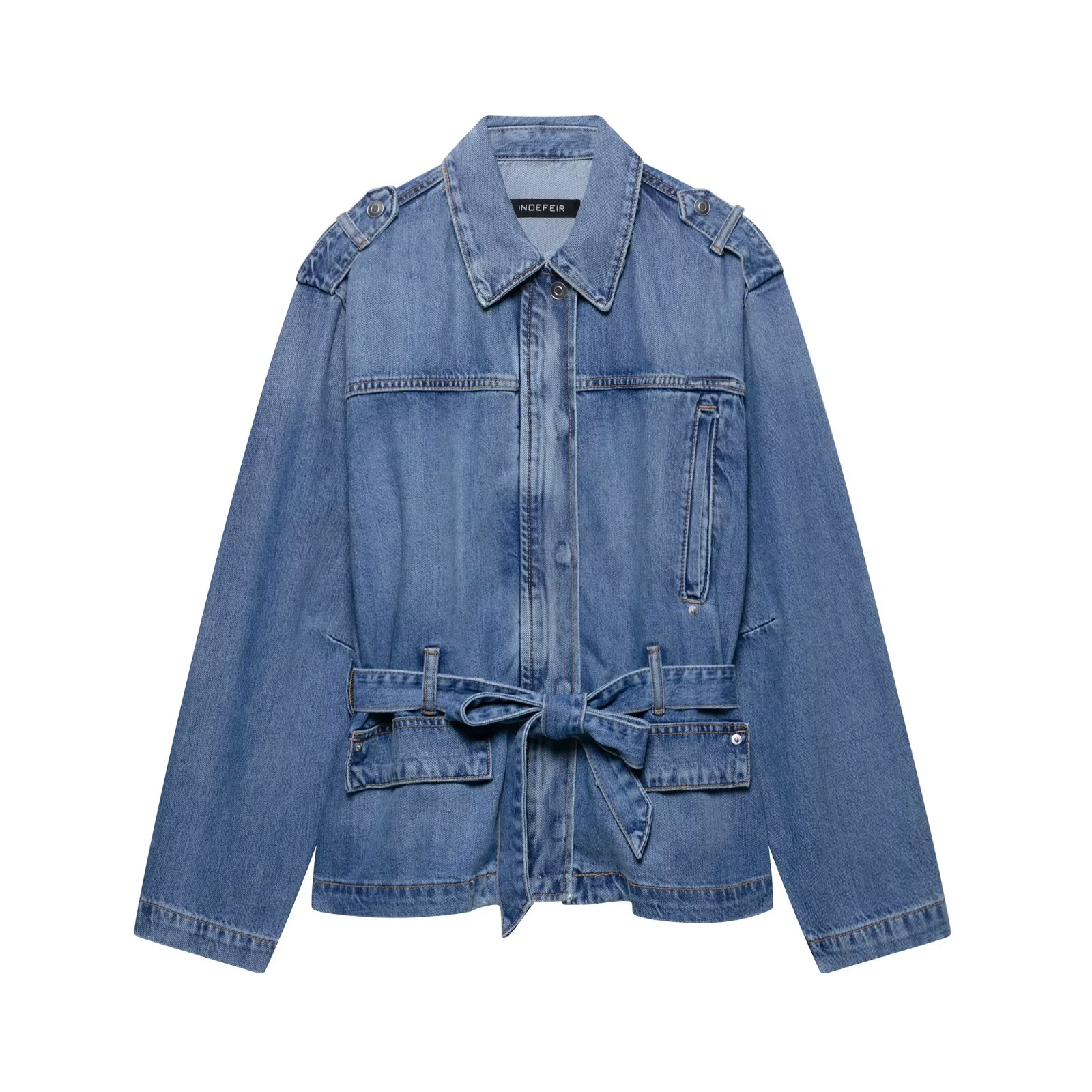 Estilo europeo y americano con cinturón nueva chaqueta vaquera de primavera moderna y versátil: M