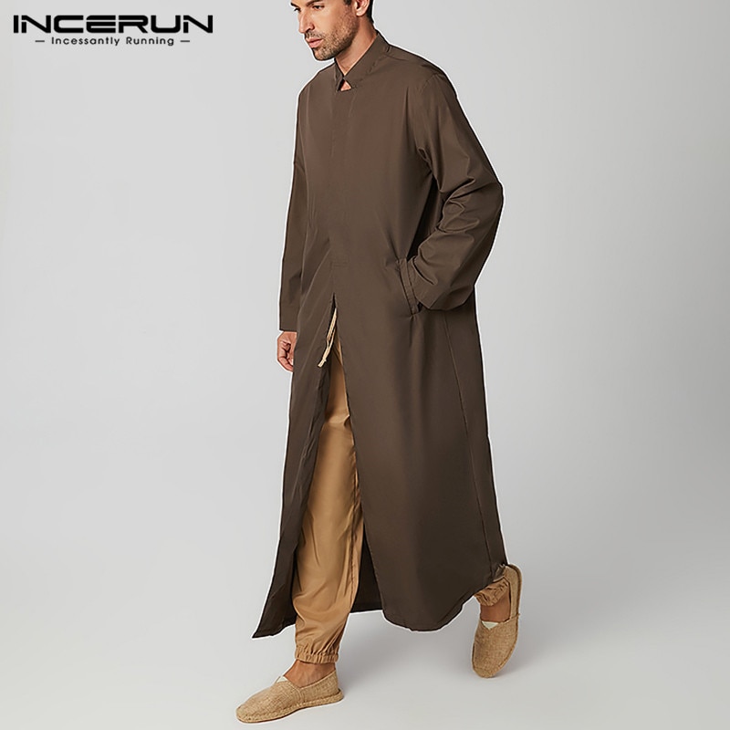 INCERUN Men Muslim Kaftan Islamic Arabic Jubba Thobe Long Sleeve Button Stand Collar Caftan Solid Color Middle East Dubai Robes