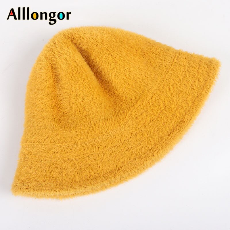 Winter Hat Women Bucket Hat Femme Autumn Warm Solid Casual Plush Faux Fur fishing cap Solid Wool fisherman&#39;s hats mujer: YELLOW