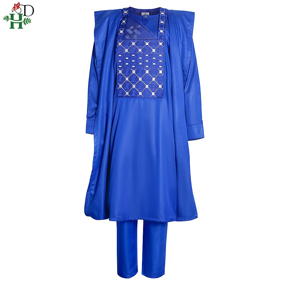H&amp;D 3 PCS Set Agbada African Clothes For Men Long Sleeve Shirt Pants Robes Suit Ankara Dashiki Embroidery Boubou Tenue Africaine: XXL