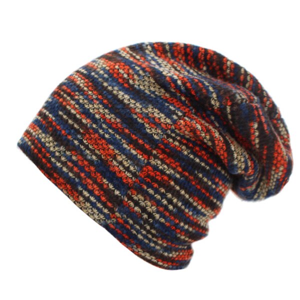 Stickad mössa vintermössa för kvinnor män skullies mössor mask randig mössa gorros huva varm baggy mjuk tjock bräddlös #39: Röd