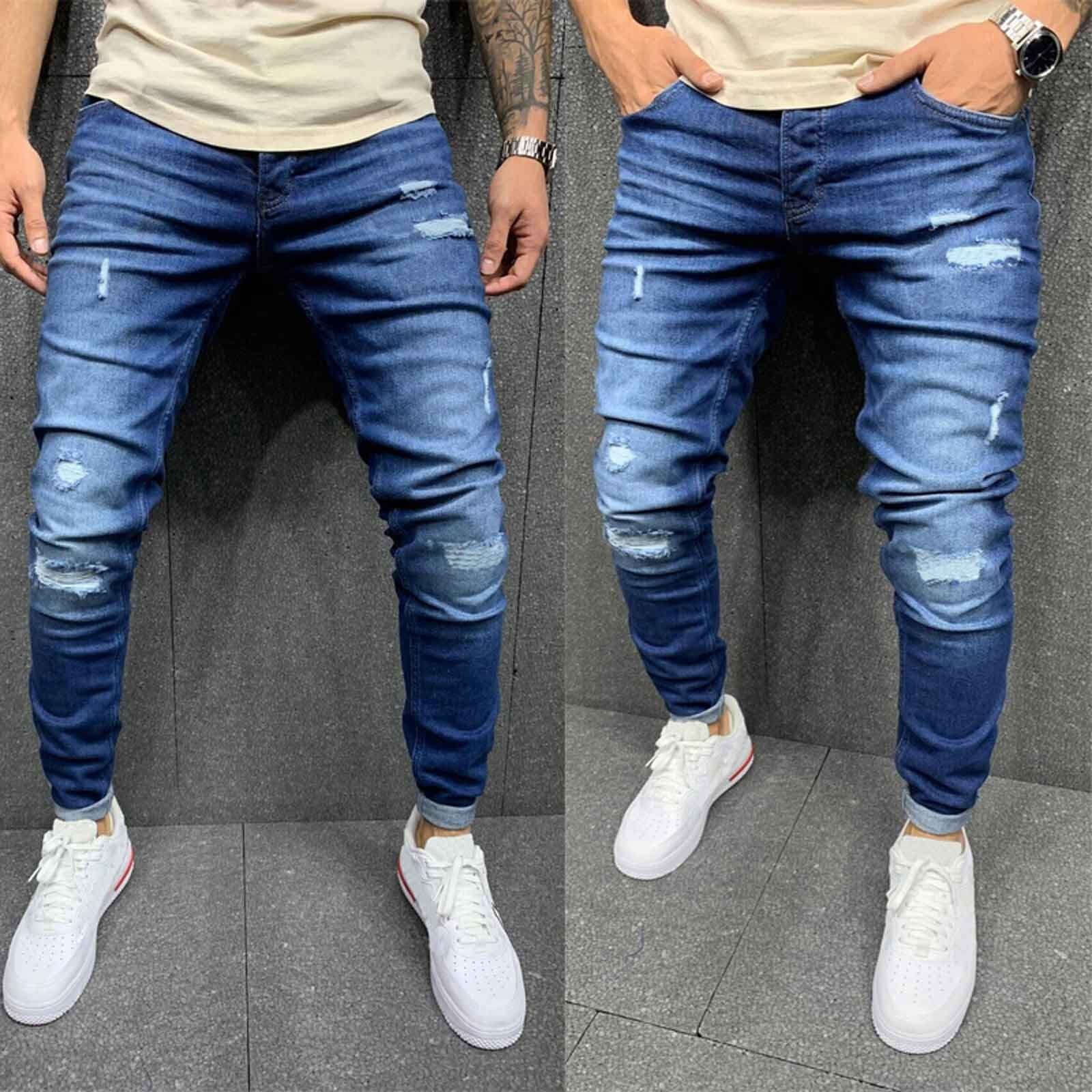 Men High Waist Striped Zipper Denim Hole Ripped Stretch Vintage Hip Hop Work Skinny Trousers Jeans Pencil Long Pants#35