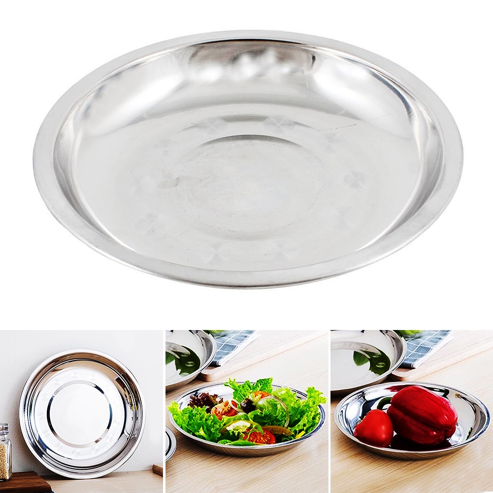 Camping 16-28cm Dia Stainless Steel Tableware Dinner Plate Food Container Salad Dessert Fruit Services Dish Tray #1212