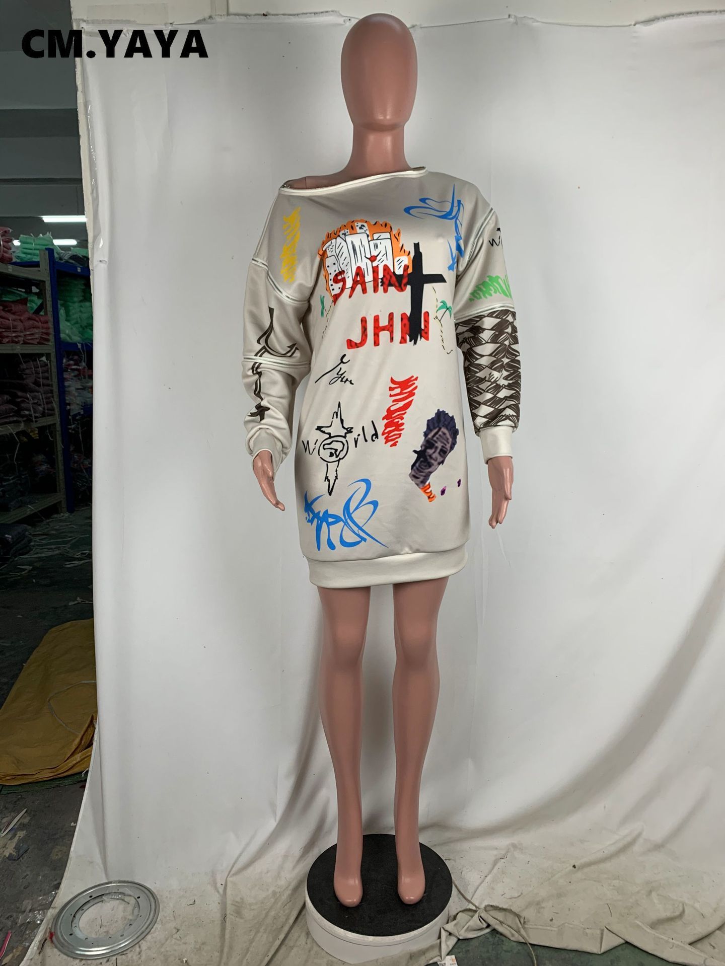 CM.YAYA Otoño Invierno clásico vestido de mujer Graffiti cortado manga larga sudaderas Activewear sudaderas vestidos sueltos