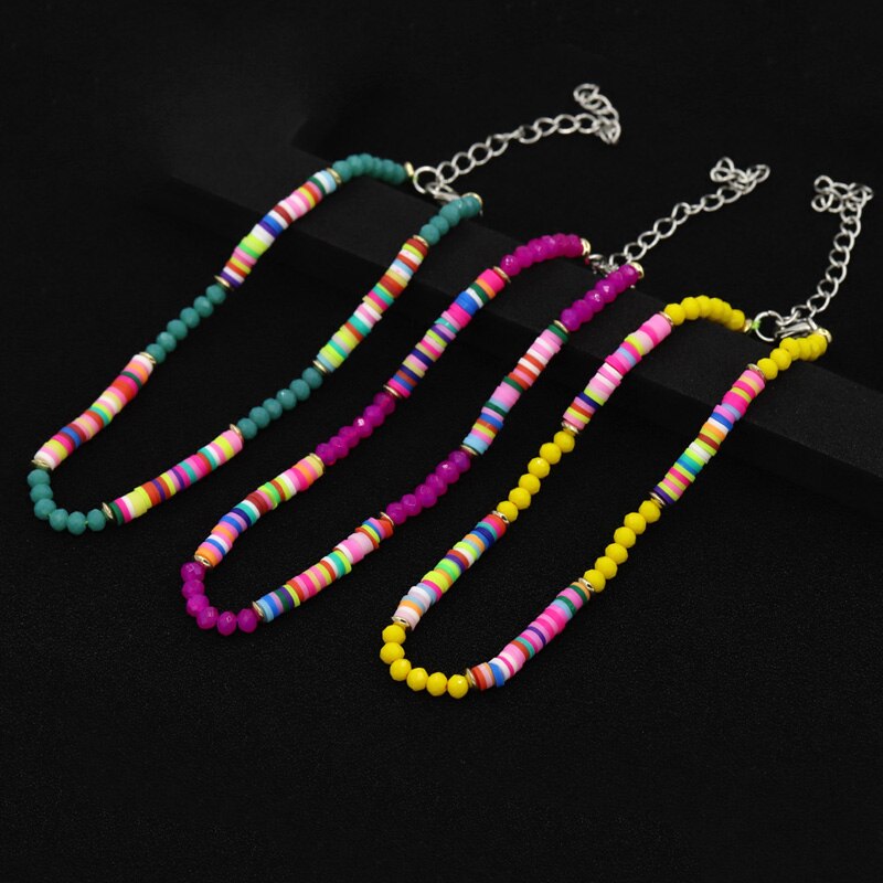 Bracelets de cheville pour femmes, bijoux bohèmes, réglables, colorés, en argile polymère, perles de cristal, chaîne de cheville pour la plage, pieds nus