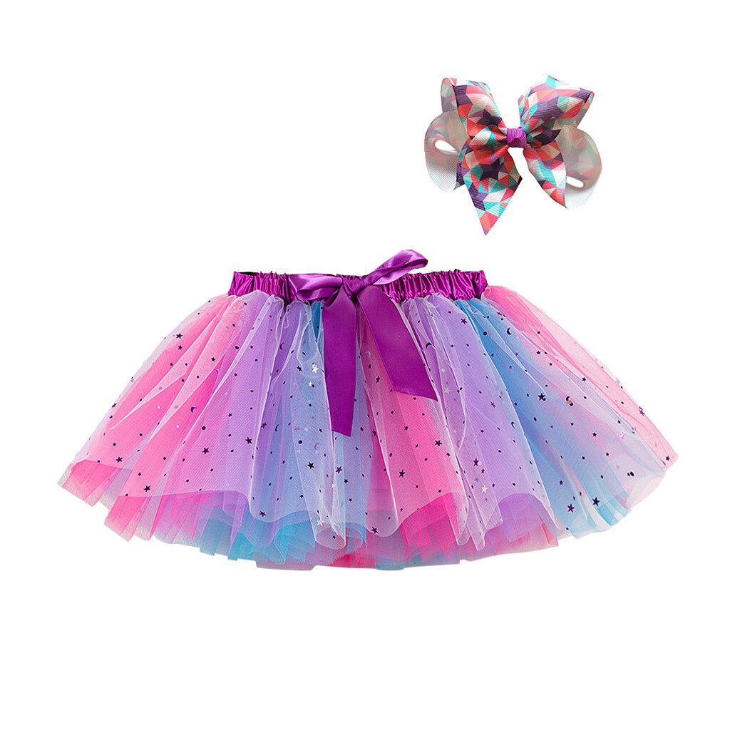 Baby Girls Rainbow Tutu Skirt Party Dance Ballet Splice Sequin Rainbow Tulle Kids Girls Mini Skirt Bow Hairpin falda de tul: Purple  / S