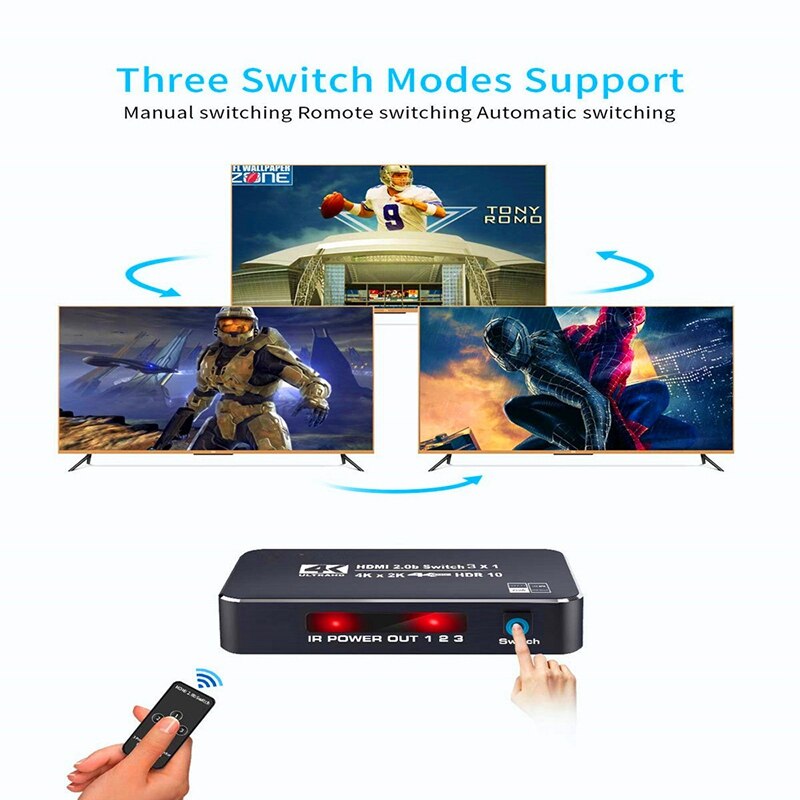 4K HDR HDMI Switch 3 Ports HDMI 2.0 Switcher Selector with IR Wireless Remote, Supports UltraHD Dolby Vision