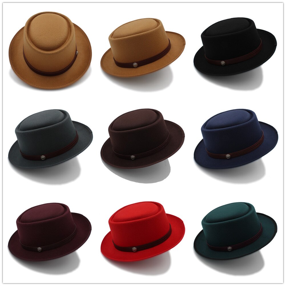 Chapeau en tarte de porc pour femmes hommes | Chapeau Fedora plat en laine pour Gentleman, papa Gambler Panama Trilby chapeau avec Belwt taille 58CM