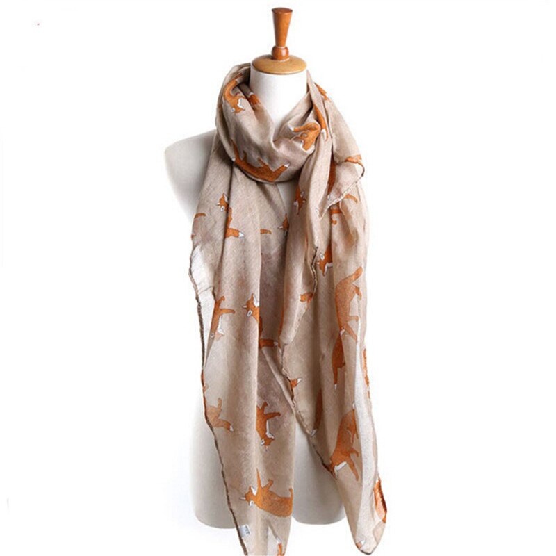YGYEEG Women Fox Scarf Voile Girl Long Cute Fox Print Scarf Wraps Shawl Soft Scarves Female Cute Tippet Foulard Cachecol Shawl: Khaki Big pattern