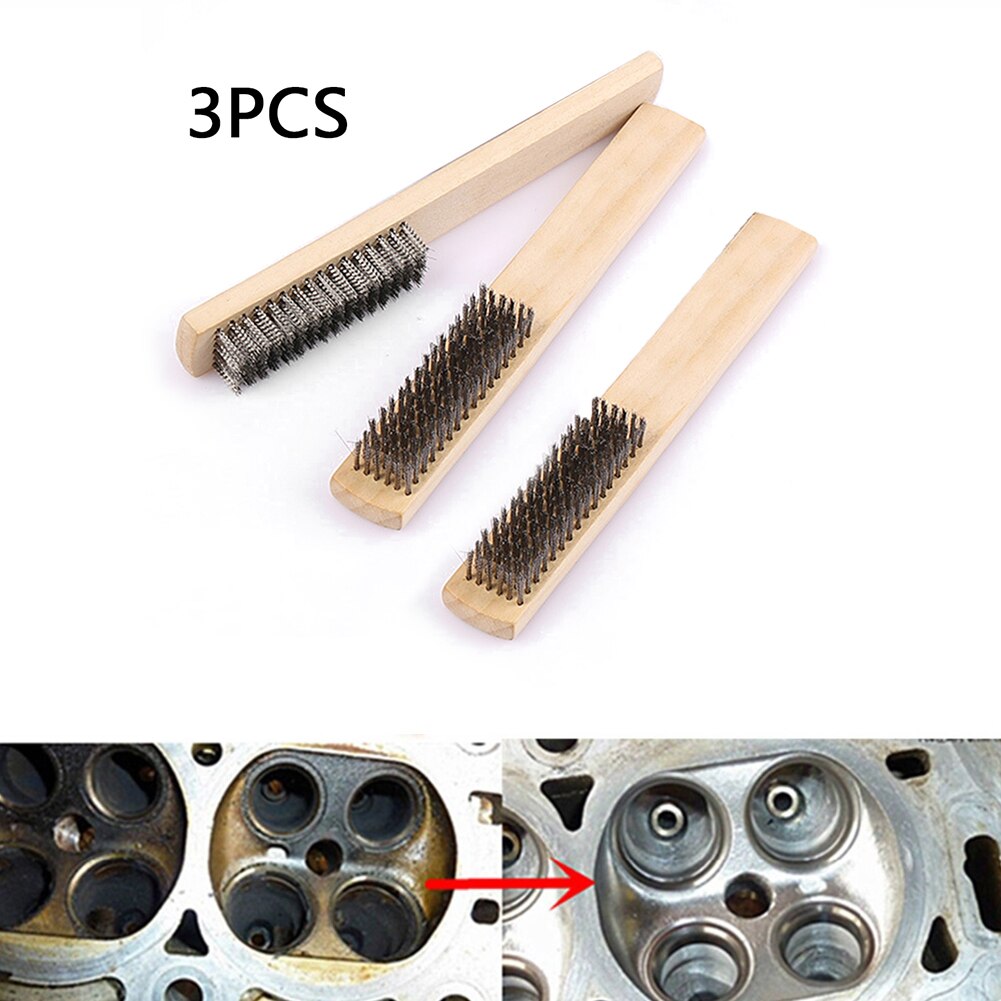 3 Pcs Stainless Steel Wire Brush W/ Wood Handle Wire Brush Rust Removal 8.07Inch For Hand Cleaning Tools