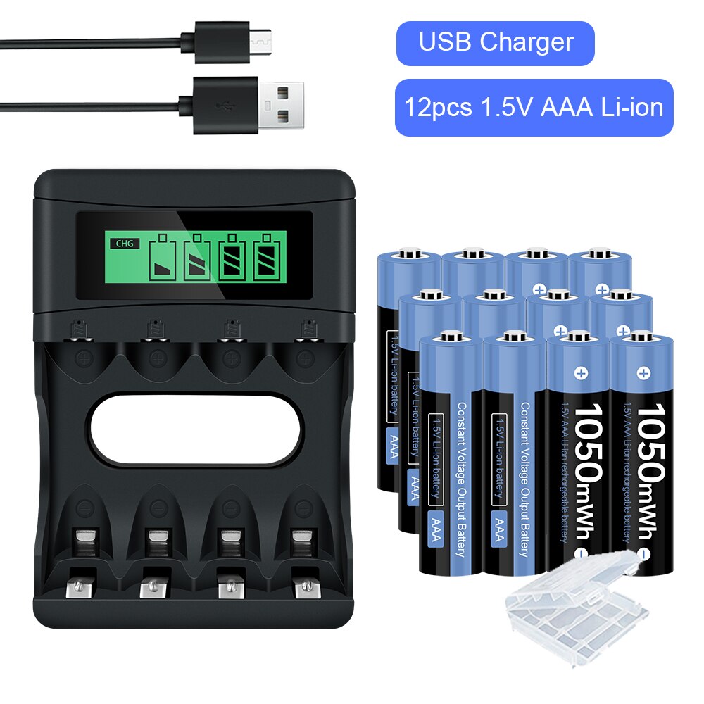 1.5v AAA Rechargeable Battery 1050mah 1.5V AAA Lithium Li-ion Batteries for Remote Control Electronic Shaver Radio Battery AAA: 12AAA and Charger