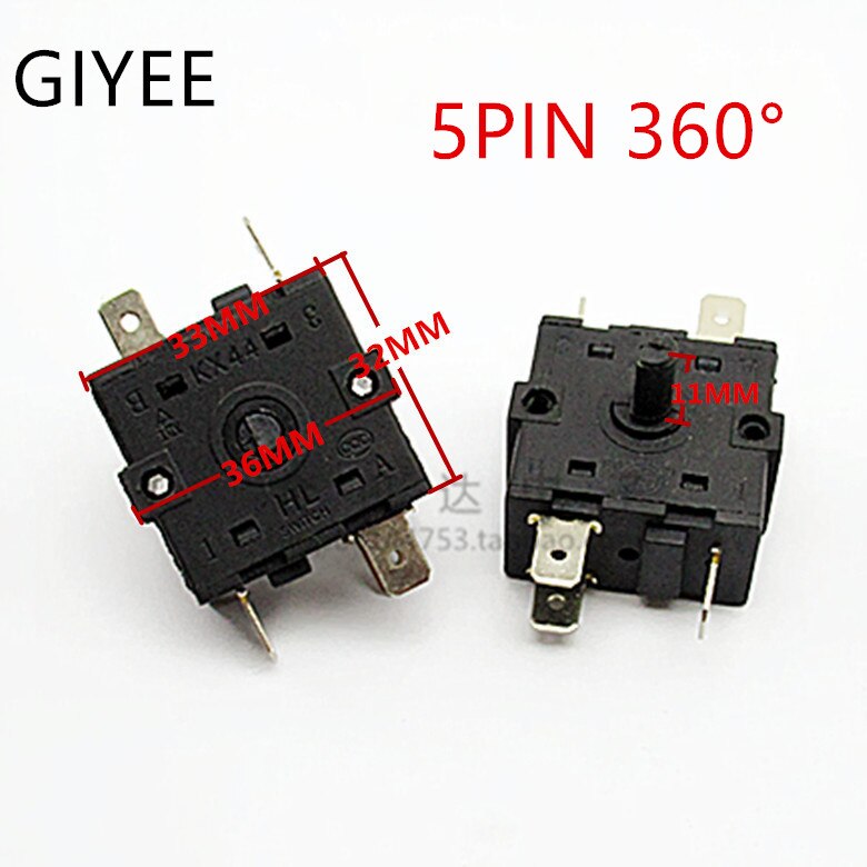 Electric Room Heater 3 Position 2Position 3 Pin 5Pin Rotary Switch Selector AC 250V 16A 360 degree rotation: 5 Pin 3Position