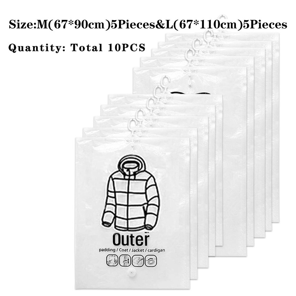 Hanging Vacuum Storage Bag Closet Organizer Space Saving Clear Seal Wardrobe Storage Bags With Hanger For Coats Jackets Suit: 5PCS M and 5PCS L