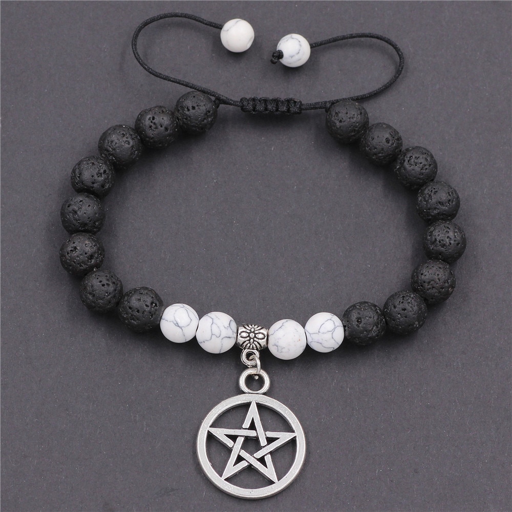 DGW Natural stone Bracelets Antique Silver Color Star Pentagram charm Lava Stone Diffuser Jewelry for women