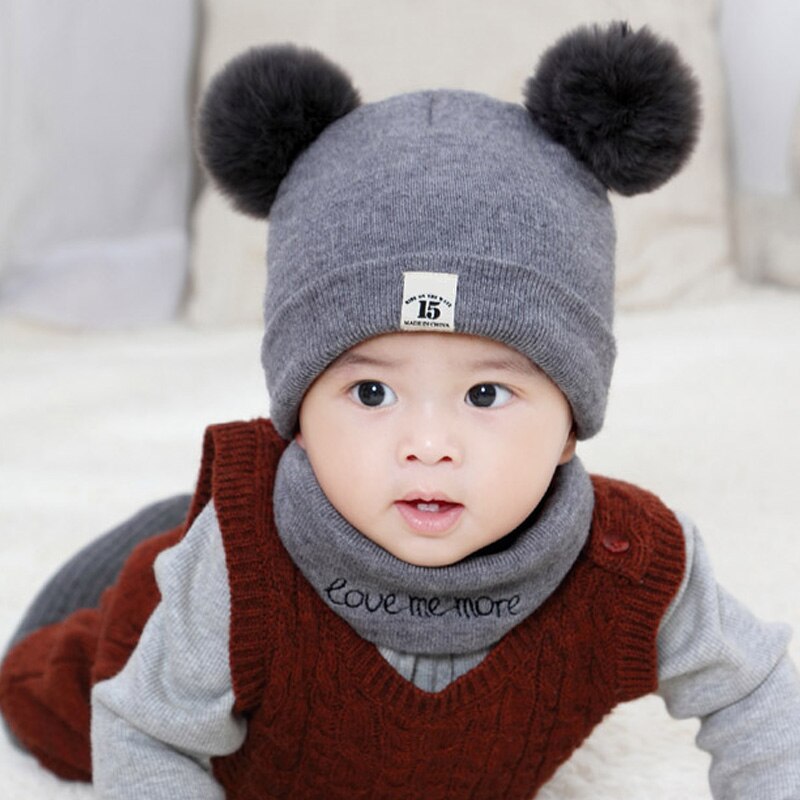 2 stuks/set winter baby muts sjaal schattige dubbele pompon mutsen sjaals gebreide warme baby jongen meisje muts o ring sjaal