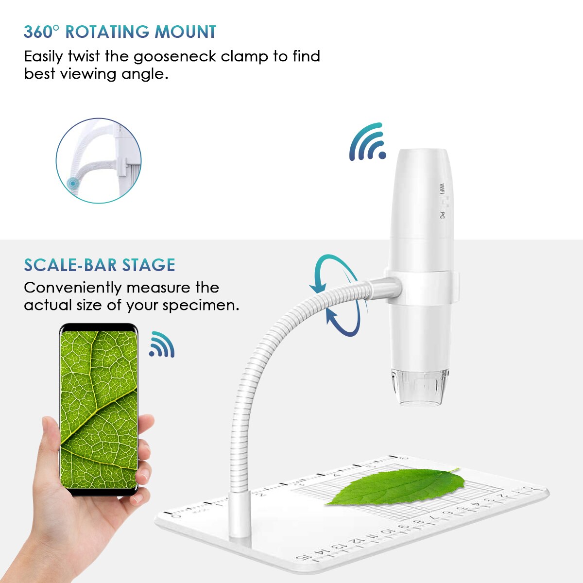 Microscope numérique WiFi sans fil USB 1080P, Microscope Portable avec support de bras et câble USB 50x1000x réglable